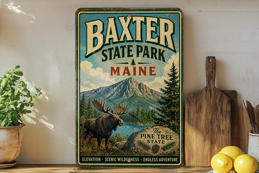 A vintage-style metal sign for Baxter State Park in Maine, featuring a moose and a mountain landscape.
