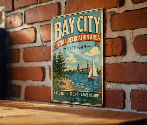 A vintage metal sign for the Bay City State Recreation Area in Michigan, featuring a scenic illustration of a lake, sailboat, and city skyline.