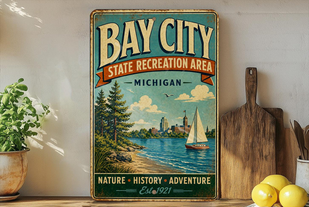 A vintage-style metal sign for Bay City State Recreation Area in Michigan, featuring a scenic illustration of a lake, pine trees, and a sailboat.