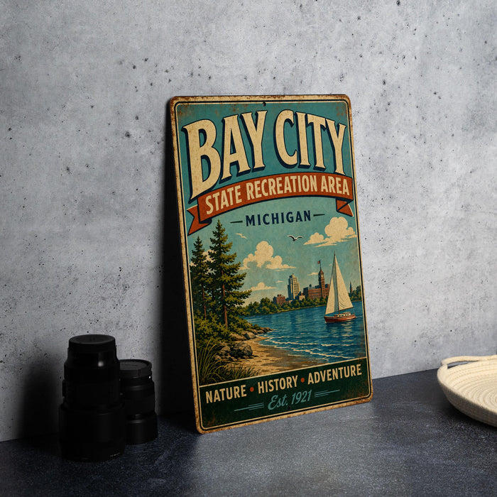 A vintage-style metal sign for Bay City, Michigan, featuring a scenic landscape with a sailboat and a castle, along with the text "Bay City State Recreation Area" and "Michigan".