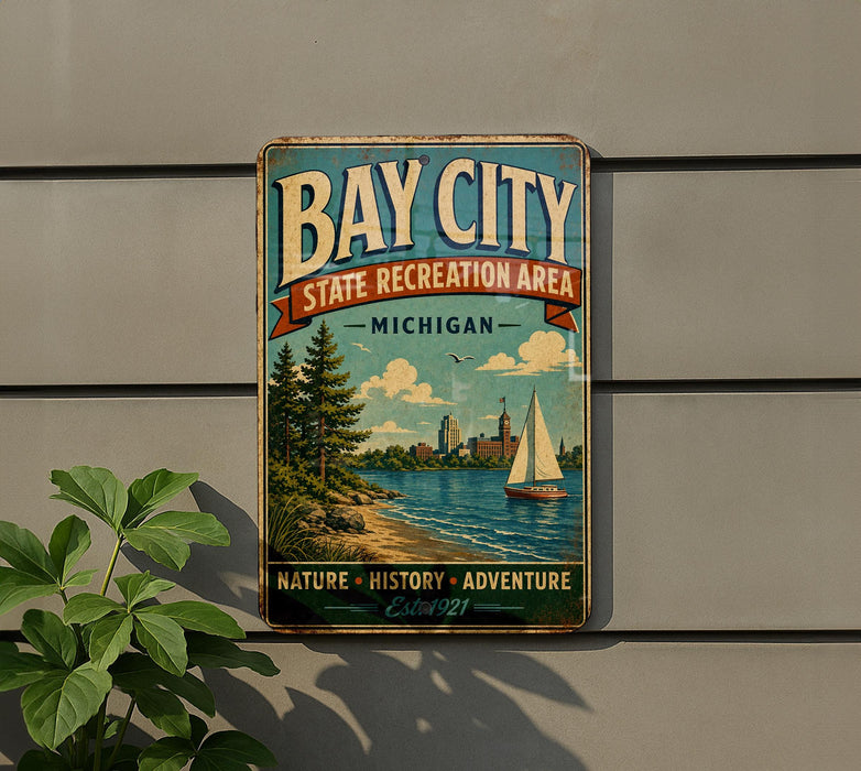 A vintage metal sign for Bay City State Recreation Area in Michigan, featuring a scenic image of a sailboat on a lake with mountains in the background.