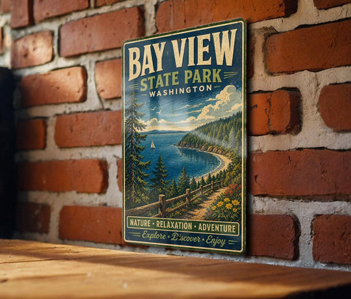 A vintage-style metal sign for Bay View State Park in Washington, featuring a scenic landscape with a lake, mountains, and pine trees.