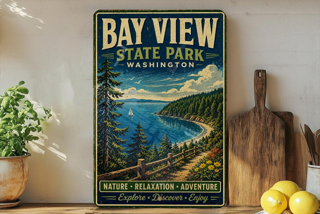 A vintage-style metal sign for Bay View State Park in Washington, featuring a scenic landscape with a lake, mountains, and pine trees.
