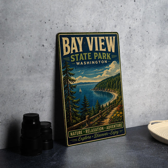 A vintage-style metal sign for Bay View State Park in Washington, featuring a scenic landscape with pine trees, a lake, and mountains.