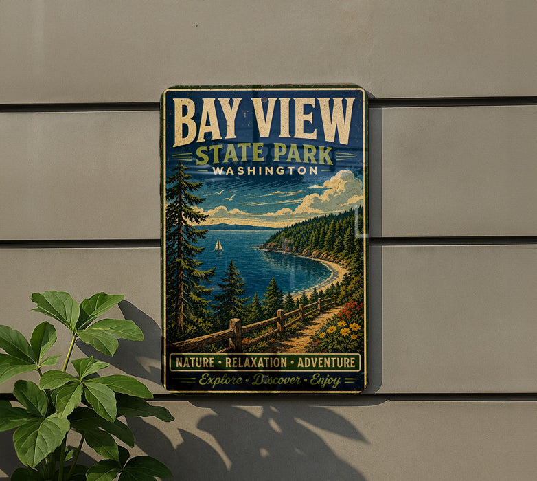 A vintage-style metal sign for Bay View State Park in Washington, featuring a scenic landscape with a lake, mountains, and pine trees.