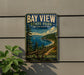 A vintage-style metal sign for Bay View State Park in Washington, featuring a scenic landscape with a lake, mountains, and pine trees.