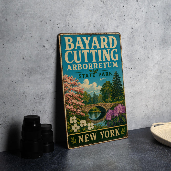 A vintage-style sign for Bayard Cutting Arboretum in New York, featuring a scenic illustration of a bridge, trees, and flowers.