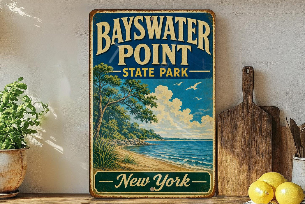 A vintage-style metal sign for Bayswater Point State Park in New York, featuring a scenic beach landscape with trees, grass, and a body of water.