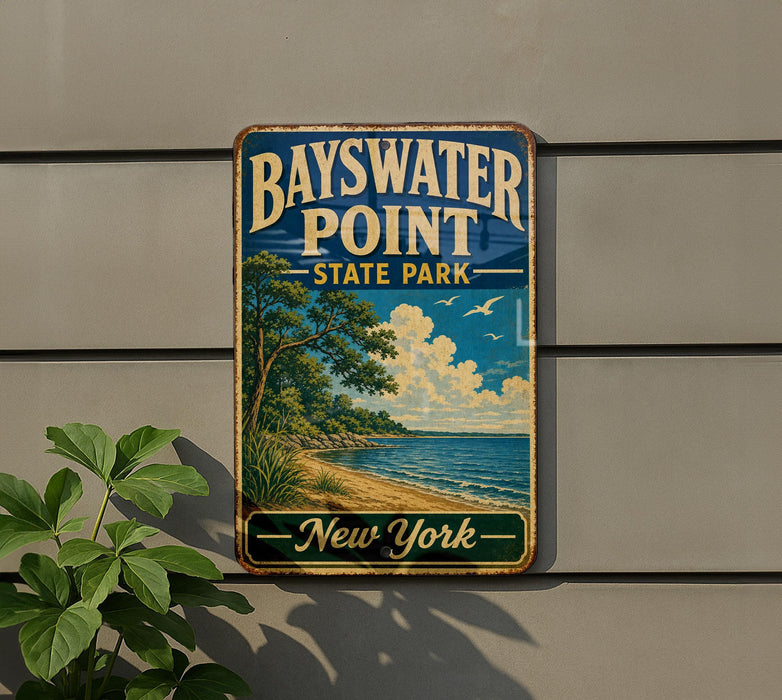 A vintage-style metal sign for Bayswater Point State Park in New York, featuring a scenic landscape with a beach, trees, and a body of water.
