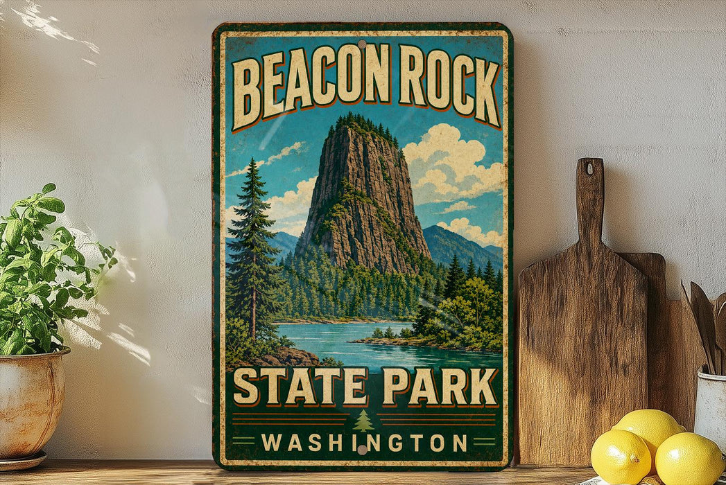 A vintage-style metal sign for Beacon Rock State Park in Washington, featuring a scenic landscape with a mountain, lake, and pine trees.