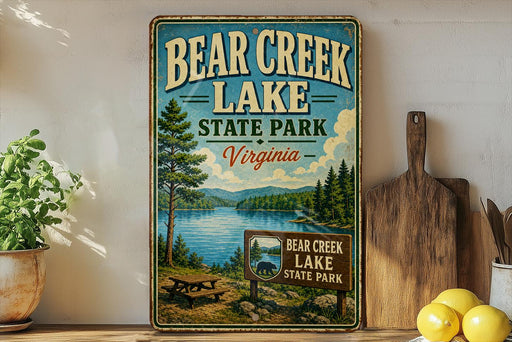 A vintage-style metal sign for Bear Creek Lake State Park in Virginia, featuring a scenic landscape with a lake, mountains, and a picnic table.
