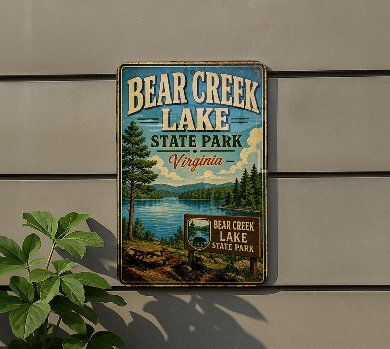 A vintage metal sign for Bear Creek Lake State Park in Virginia, featuring a scenic landscape with a lake, mountains, and trees.