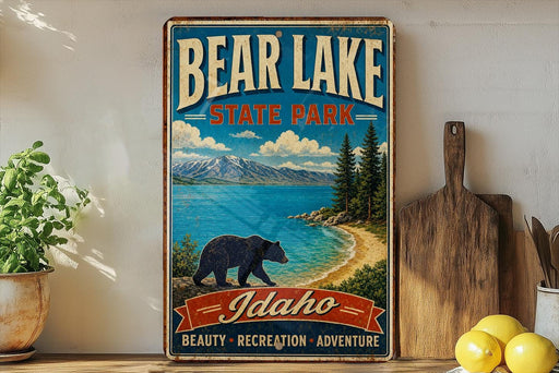 A vintage-style metal sign for Bear Lake State Park in Idaho, featuring a bear walking along a beach and mountains in the background.