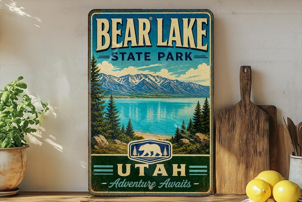 A vintage-style metal sign for Bear Lake State Park in Utah, featuring a scenic landscape with mountains, pine trees, and a lake.