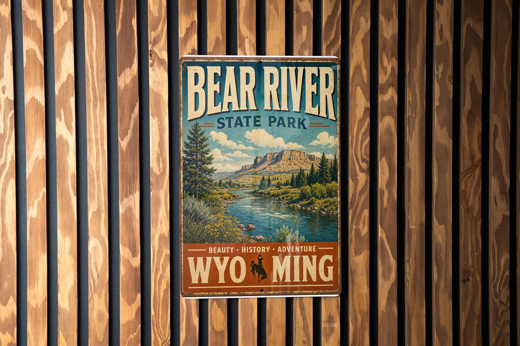 A vintage-style metal sign for Bear River State Park, featuring a scenic landscape with a river, mountains, and pine trees.