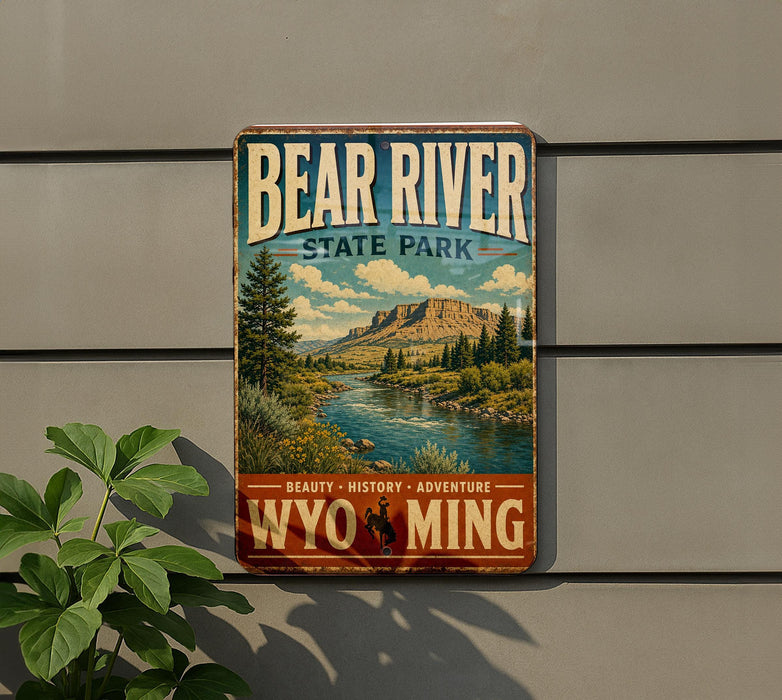 A vintage-style metal sign for Bear River State Park, featuring a scenic landscape with mountains, trees, and a river.