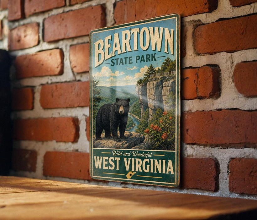 A vintage-style metal sign for Beartown State Park in West Virginia, featuring a black bear in a natural setting.