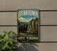 A vintage-style metal sign for Beartown State Park in West Virginia, featuring a black bear in a scenic landscape.