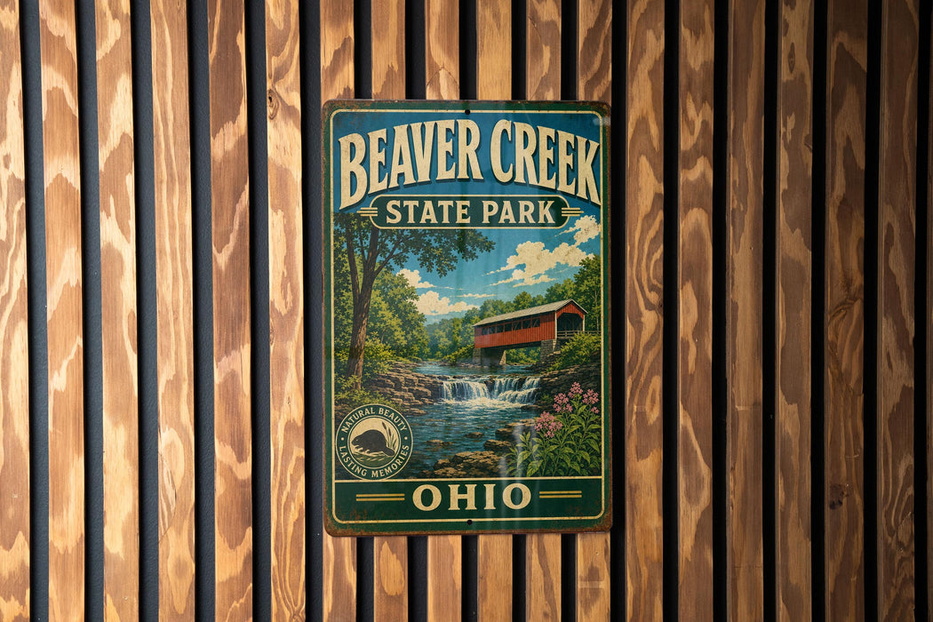 A vintage metal sign for Beaver Creek State Park in Ohio, featuring a scenic image of the park's waterfall and surrounding landscape.