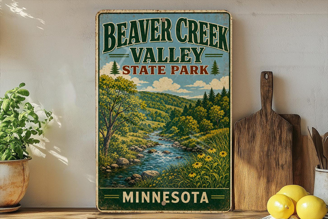 A vintage-style sign for Beaver Creek Valley State Park in Minnesota, featuring a scenic landscape with a river, trees, and mountains.