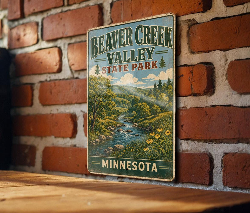 A vintage metal sign for Beaver Creek Valley State Park in Minnesota is displayed on a brick wall.