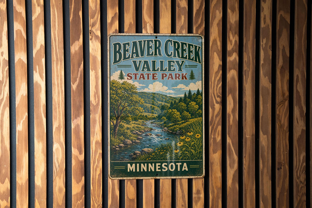 A vintage metal sign for Beaver Creek Valley State Park in Minnesota, featuring a scenic landscape with a river and forest.
