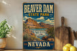 A vintage-style sign for Beaver Dam State Park in Nevada, featuring a scenic illustration of the park's landscape with a waterfall.