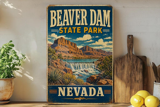 A vintage-style sign for Beaver Dam State Park in Nevada, featuring a scenic illustration of the park's landscape with a waterfall.