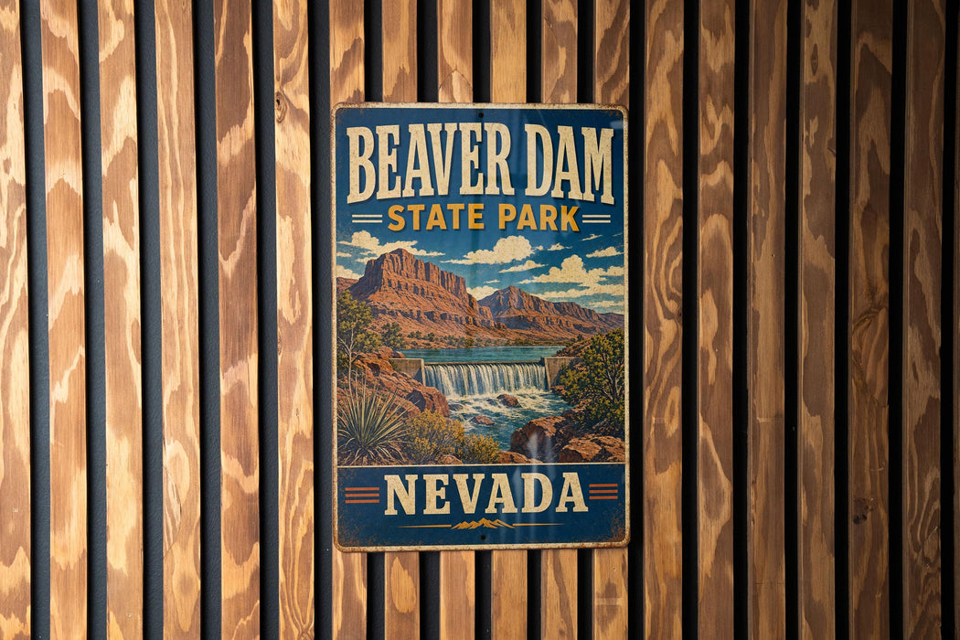 A vintage-style metal sign for Beaver Dam State Park in Nevada, featuring a scenic illustration of the park's landscape.