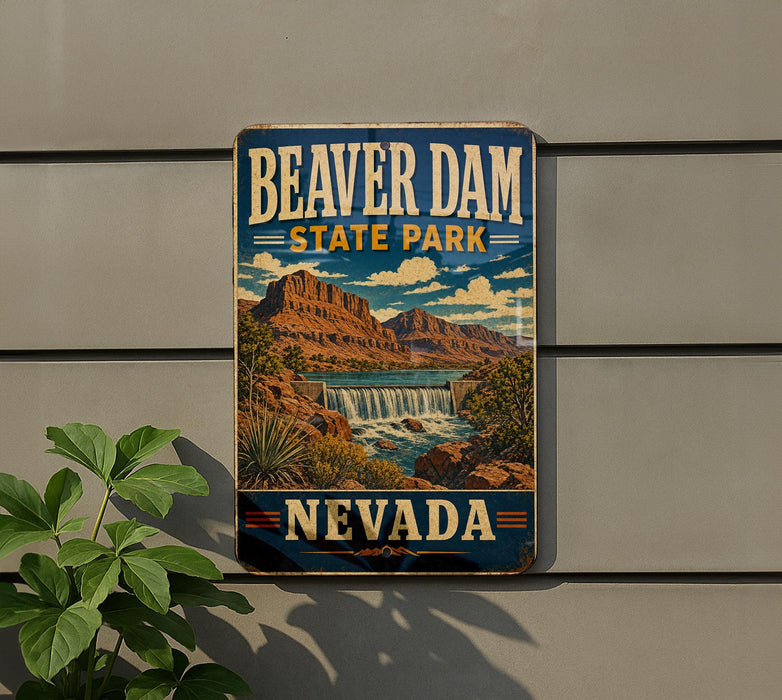 A vintage-style sign for Beaver Dam State Park in Nevada, featuring a scenic illustration of the park's landscape with a waterfall.