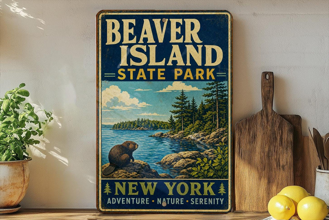 A vintage-style sign for Beaver Island State Park in New York, featuring a scenic illustration of a beaver on a rock overlooking a lake surrounded by pine trees.