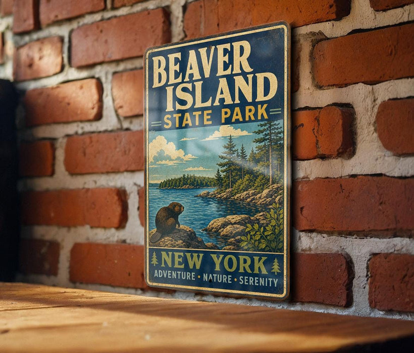 A vintage-style metal sign for Beaver Island State Park in New York, featuring a scenic illustration of a bear and a lake surrounded by trees.