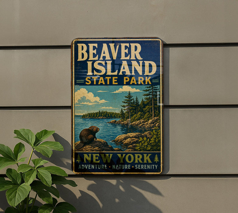 A vintage-style metal sign for Beaver Island State Park, featuring a scenic landscape with a bear and the text "BEVER ISLAND STATE PARK" and "NEW YORK ADVENTURE - NATURE - Serenity".