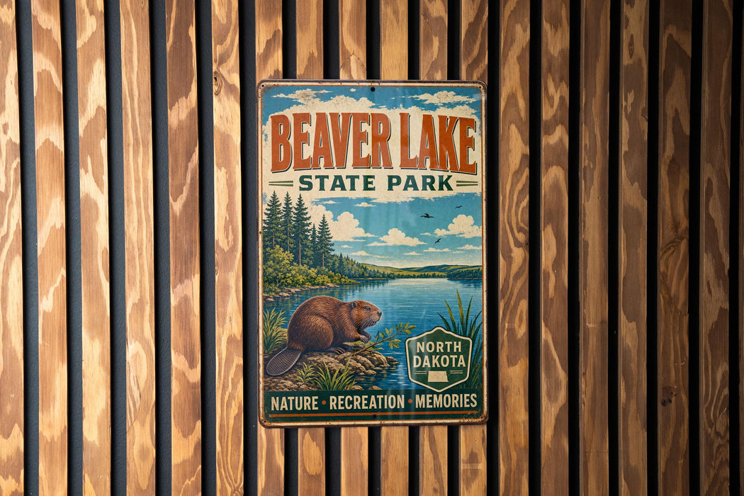 A vintage metal sign for Beaver Lake State Park, featuring an illustration of a beaver and a scenic landscape with a lake and trees.