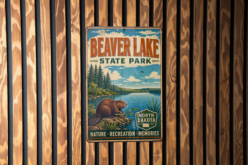 A vintage metal sign for Beaver Lake State Park, featuring an illustration of a beaver and a scenic landscape with a lake and trees.