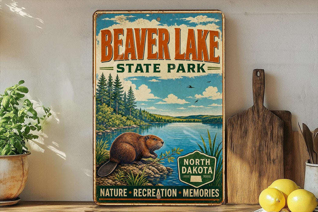 A vintage-style sign for Beaver Lake State Park, featuring a beaver in a natural setting with a lake and trees.