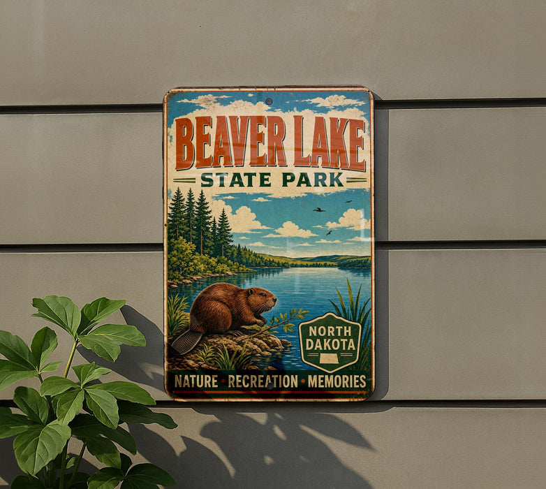 A vintage metal sign for Beaver Lake State Park, featuring a beaver in a natural setting with a lake and trees.