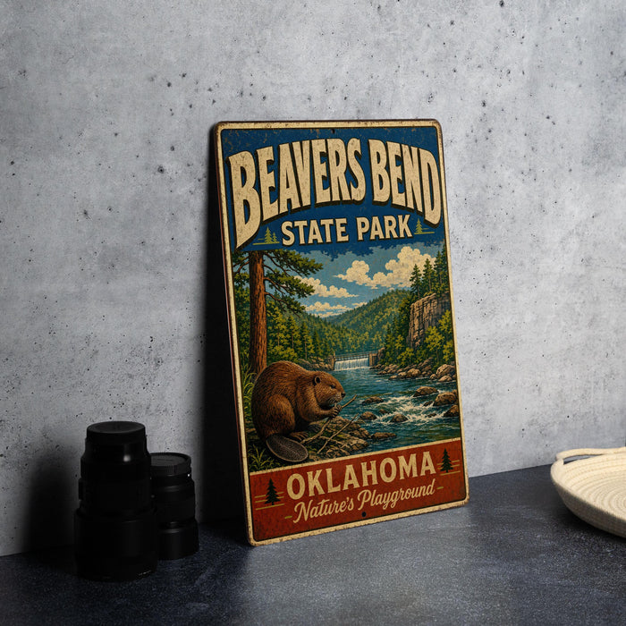 A vintage-style metal sign for Beaver Bend State Park, featuring an illustration of a beaver and a scenic landscape.