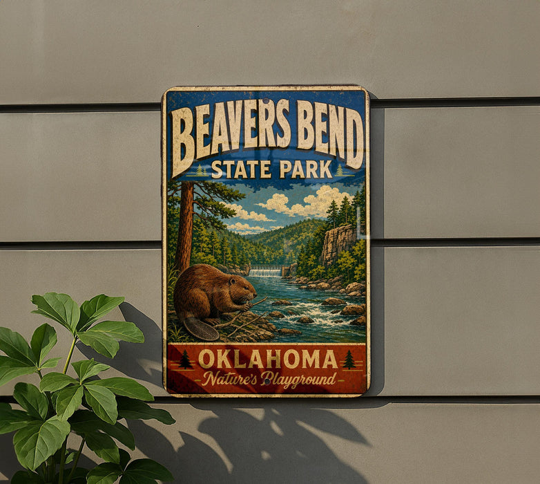 A vintage-style metal sign for Beaver Bend State Park, featuring a beaver in a forest setting and the text "BEAVER'S BEND STATE PARK" prominently displayed.