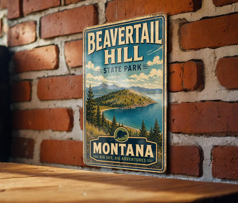A vintage-style metal sign for Beavertail Hill State Park in Montana, featuring a scenic landscape with mountains, pine trees, and a lake.