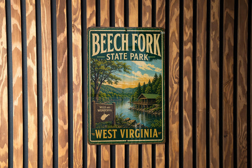 A vintage metal sign for Beech Fork State Park in West Virginia, featuring a scenic illustration of a lake and forest.