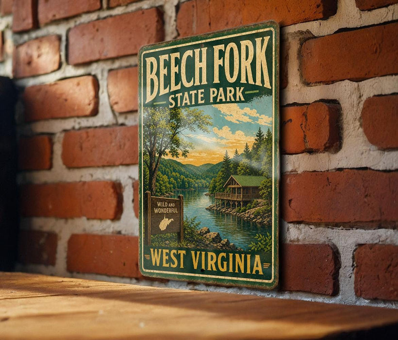 A vintage-style metal sign for Beech Fork State Park in West Virginia, featuring a scenic illustration of a lake surrounded by mountains and a cabin.