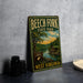 A vintage-style metal sign for Beech Fork State Park in West Virginia, featuring a scenic landscape with a lake, forest, and cabin.