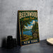 A vintage-style metal sign for Beechwood State Park in New York, featuring a scenic image of the park and its surroundings.