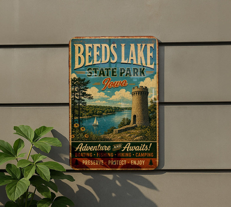 A vintage-style metal sign for Beeds Lake State Park in Iowa, featuring a scenic landscape with a castle, lake, and trees.