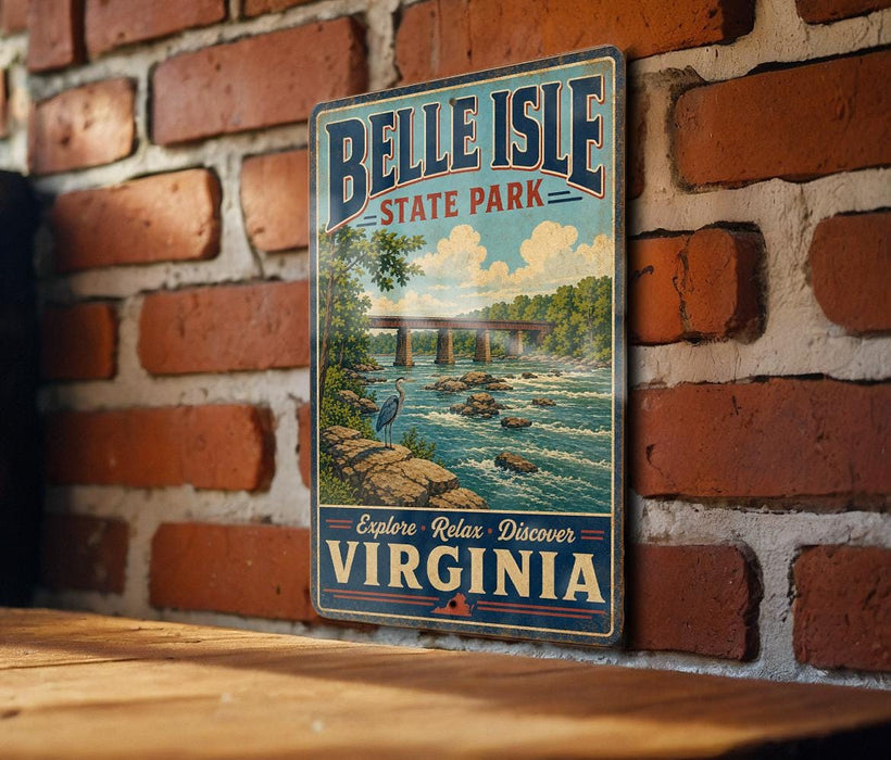 A vintage-style metal sign for Belle Isle State Park in Virginia, featuring a scenic illustration of a river and bridge.