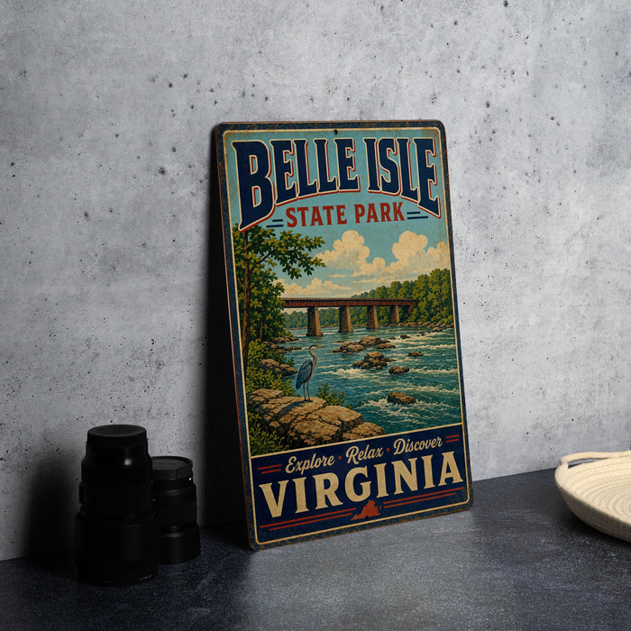 A vintage-style metal sign for Belle Isle State Park in Virginia, featuring a scenic illustration of a river, bridge, and wildlife.