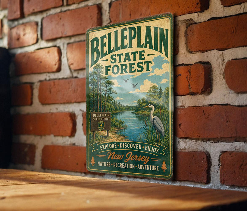 A vintage-style metal sign for Bellplein State Forest, featuring a scenic illustration of a river, trees, and a bird, mounted on a brick wall.