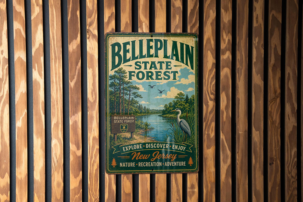 A vintage metal sign for Bellplain State Forest, featuring a scenic illustration of a river, trees, and birds, mounted on a wooden wall.