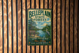 A vintage metal sign for Bellplain State Forest, featuring a scenic illustration of a river, trees, and birds, mounted on a wooden wall.